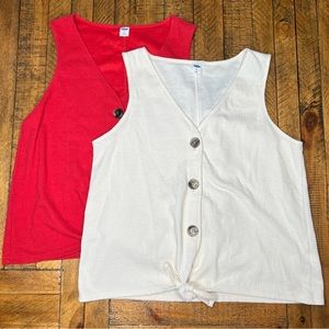 Old Navy Lot of 2 Women’s Tank Tops Button Up Tie Front Size Medium Red White